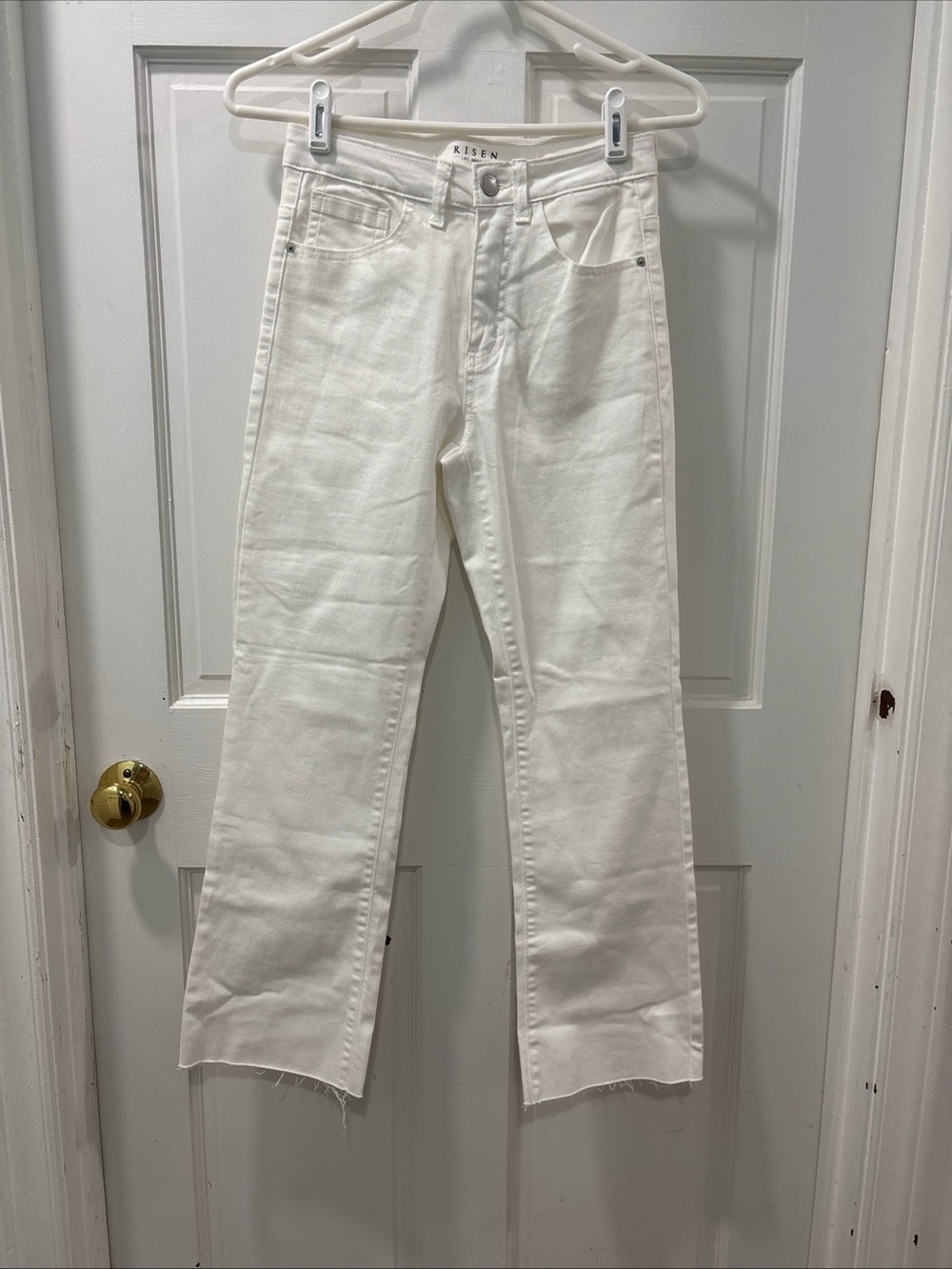 Risen Jeans Women’s Mid-Rise Straight Leg Jeans Sz 1/25 White Raw Hem Ankle NWT